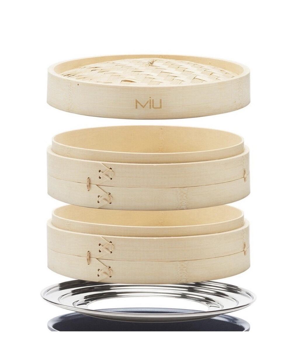 MIU Bamboo Steamer Basket 10 Inch 2 Tier Set Stainless Adapter